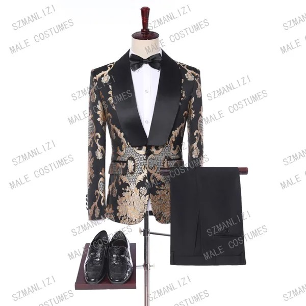 Костюм Homme Mariage 2019, модный официальный смокинг Terno, черный, золотой жаккардовый мужской костюм с вышивкой, мужской костюм для жениха
