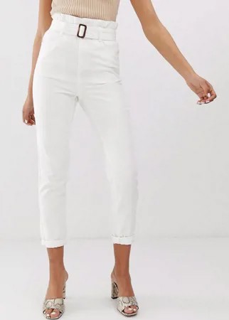 Джинсы в винтажном стиле с присборенным поясом и пряжкой FAE-Белый