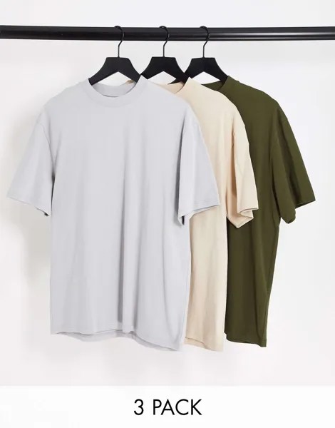 Комплект оверсайз-футболок Topman из 3 цветов цвета хаки, каменного и светло-серого