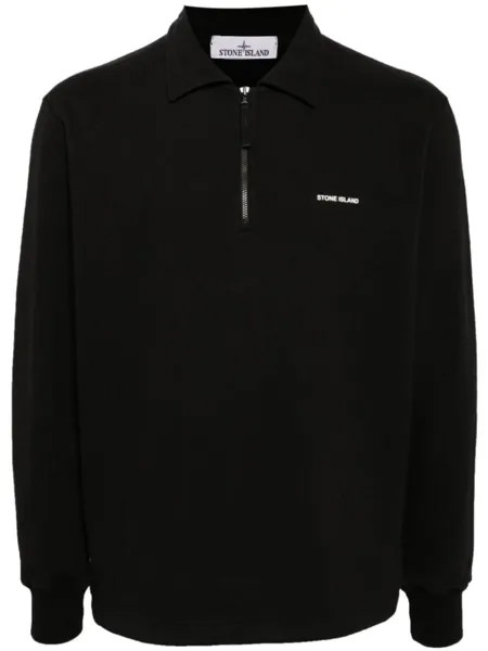 Stone Island рубашка-поло из хлопка с застежкой-молнией на половину длины, черный