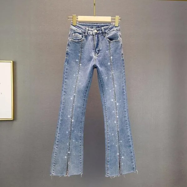 Блеск бисером женские джинсы осень-зима в винтажном стиле 2021 с высокой талией, широкие, длиной до щиколотки Flare загрузки вырезать женские дж...
