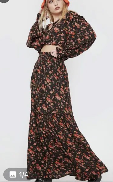 Макси-юбка Free People Secret Garden с цветочным принтом и струящейся рюшей на талии, черный S, НОВИНКА
