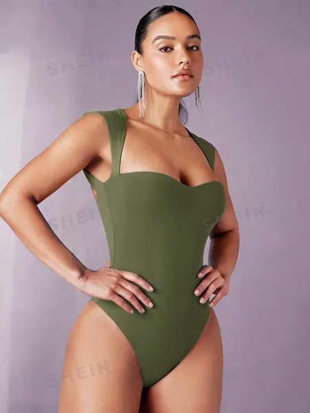 SHEIN BAE Женское боди без рукавов с вырезом в форме сердца, армейский зеленый