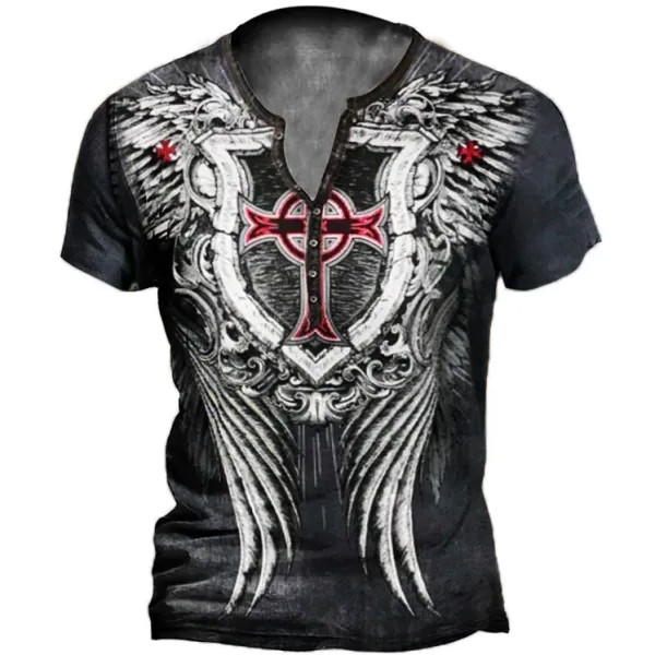 Мужская винтажная футболка Henley с принтом Cross Wings