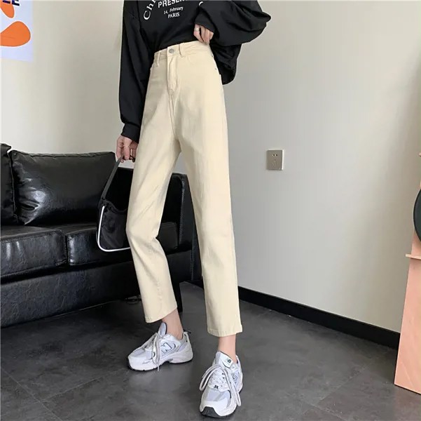 Прямые женские джинсы DD2277 абрикосового цвета с высокой талией, Свободные корейские брюки с широкими штанинами, универсальные джинсы