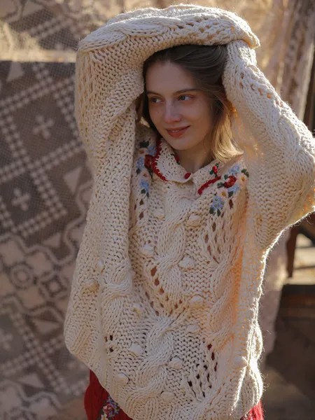 Женский свитер с вышивкой, персиковый Вязаный Свитер оверсайз с цветочной вышивкой в Корейском стиле, весна-осень