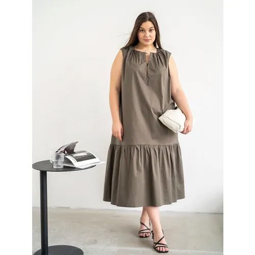 Сарафан Modress, хлопок, повседневный, свободный силуэт, миди, карманы, размер 52/54, хаки