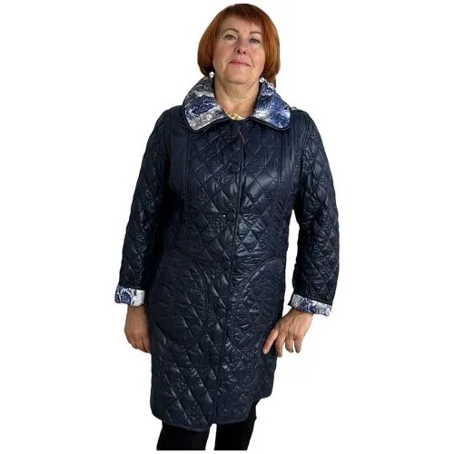 Куртка  Sinta демисезонная, удлиненная, силуэт прямой, стеганая, утепленная, манжеты, капюшон, карманы, размер 48-50, синий