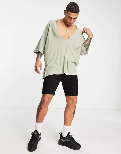 Зеленая выбеленная футболка с глубоким V-образным вырезом ASOS DESIGN-Зеленый цвет