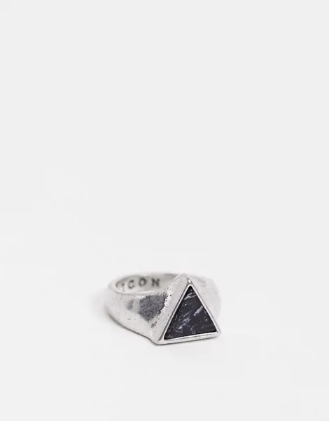 Серебристое кольцо-печатка с треугольным черным камнем Icon Brand-Серебристый