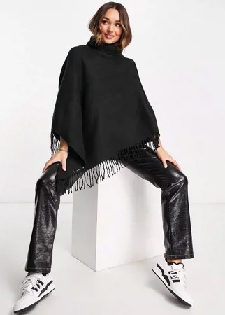 Черное пончо с высоким воротником и бахромой по краям Vero Moda-Черный цвет