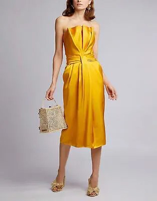 НОВОЕ BRANDON MAXWELL Желтое атласное коктейльное платье без бретелек с драпировкой Marigold 8US M