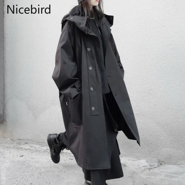 Nicebird Плащ  женский с капюшоном, однобортная ветровка средней длины с карманами, мешковатая верхняя одежда в японском стиле темноты, осенняя уличная одежда