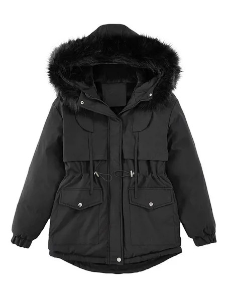 Milanoo Puffer Coats For Women Black Drawstring Fur Hooded Zipper Long Sleeves Casual Winter Coat Ou
