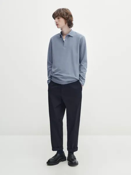 Рубашка-поло из микротекстурированного хлопка с длинными рукавами Massimo Dutti, синий