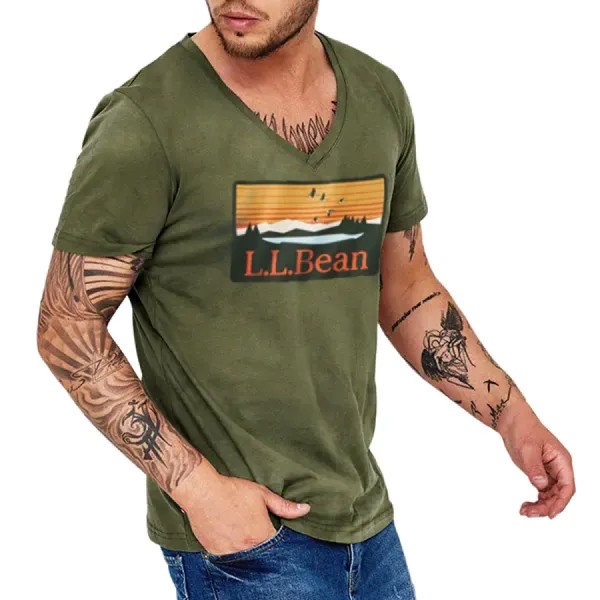 Llbean Мужская хлопковая футболка Tactical Outdoor Retro Wash Print V-образным вырезом с коротким рукавом