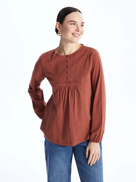 Женская блузка с длинным рукавом с круглым вырезом и вышивкой LCW Grace, золотой коричневый