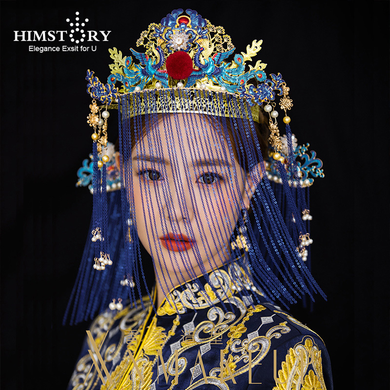 HIMSTORY Роскошная китайская Невеста Золотая синяя цепочка королева короны элегантная женская свадебная сценическая Бижутерия Аксессуары для...