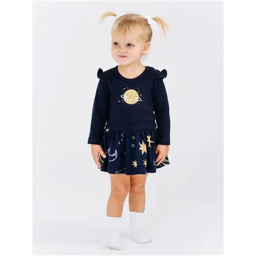 Боди с юбкой для девочки Diva Kids, 68 размер/темно синий, с длинным рукавом, с юбкой, с принтом, на кнопках
