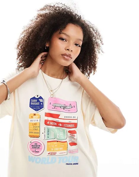 ASOS DESIGN – футболка оверсайз цвета экрю с принтом багажной бирки