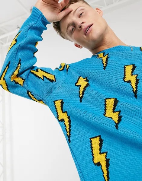 Синий вязаный джемпер с рисунком в виде молний ASOS DESIGN-Голубой
