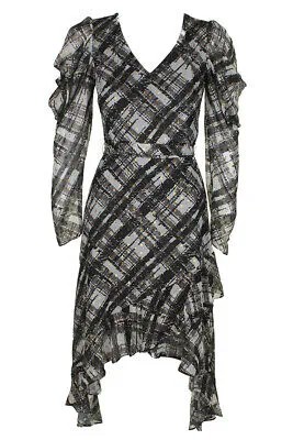 Taylor Grey Черное платье-трапеция миди в клетку с длинными рукавами и металлическим принтом 12