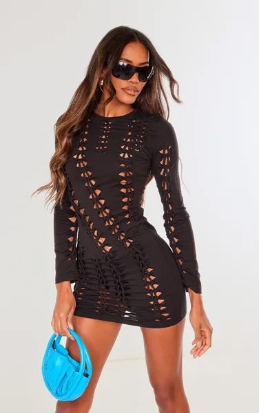 PrettyLittleThing Черное облегающее платье из джерси с длинными рукавами