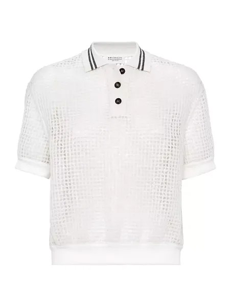 Рубашка-поло с вышивкой Dazzling Net из мохера и шерсти Brunello Cucinelli, белый