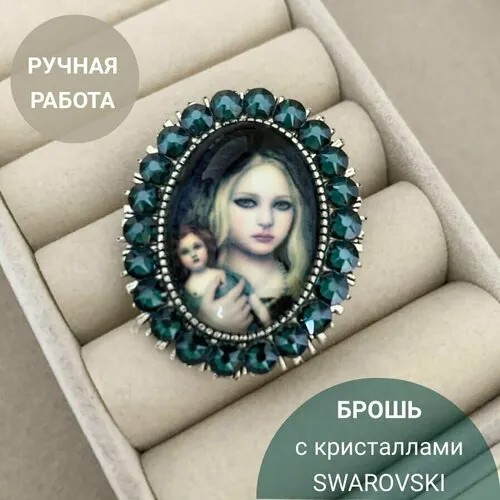 Брошь AlisaHomeDecor, кристаллы Swarovski, зеленый