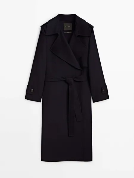 Пальто Massimo Dutti Long Trench-Effect Wool Blend, темно-синий