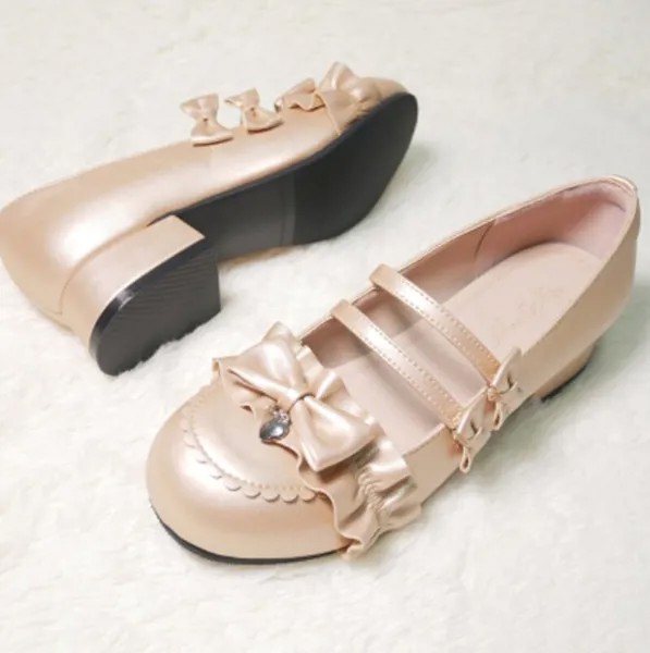 Лолита японский кружевной бант круглый носок милые туфли на толстом каблуке; В стиле милой принцессы для девочек повседневная обувь в студе...