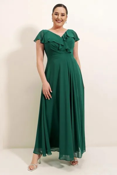 Длинное шифоновое платье Bb с воланами на подкладке, зеленое By Saygı, белый