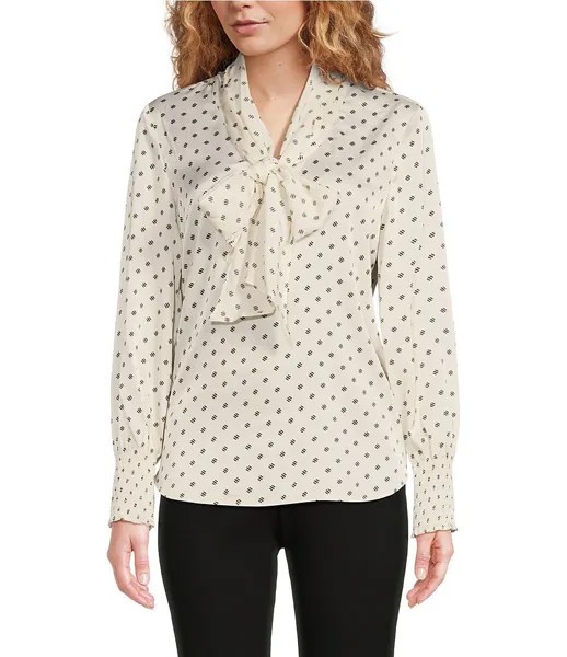 Anne Klein Charmeuse Атласная блузка с воротником-стойкой в ​​горошек, длинными рукавами и бантом на пуговицах спереди, слоновая кость