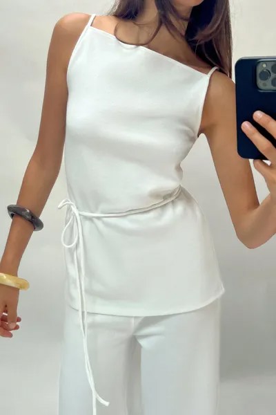 Длинный топ из мягкого пике с поясом ZARA, экрю