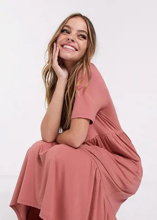Свободное ярусное платье-футболка миди ASOS DESIGN Petite-Розовый