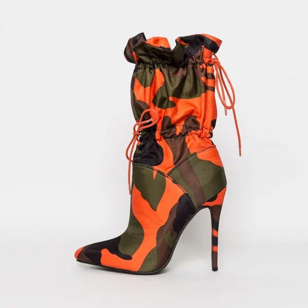 Ботинки женские плиссированные до середины икры с острым носком, камуфляжные модные туфли на высокой шпильке в стиле пэчворк, разные цвета, ...