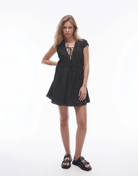 Topshop – черное ниспадающее мини-платье с завязками спереди