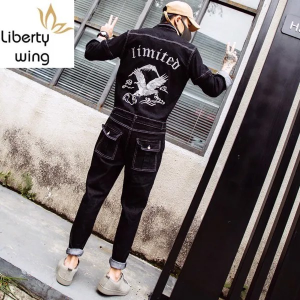 Джинсовый комбинезон Harajuku, мужской цельный комбинезон, джинсовый комбинезон с вышивкой в виде ястреба, уличная одежда, костюм с длинными брюками-карго и карманами