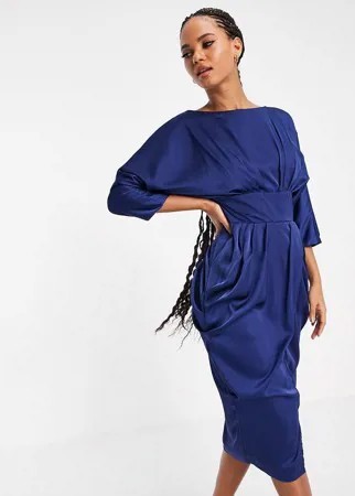 Темно-синее облегающее платье миди с запахом TFNC-Темно-синий