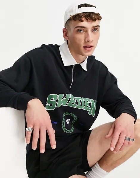 Черный oversized-свитшот в стиле регби с принтом 