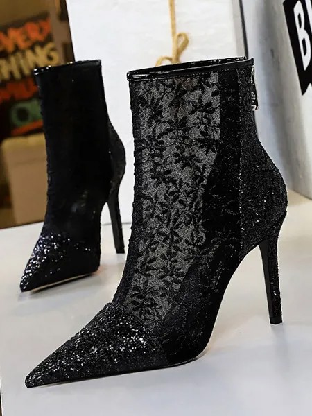 Milanoo Women Ankle Boots Black Lace Pointed Toe Sequins Stiletto Heel High Heel Booties