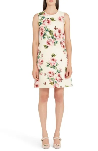 НОВИНКА DOLCE - GABBANA Шерстяное шелковое платье прямого кроя с розовым пионом и цветочным принтом 46IT US12
