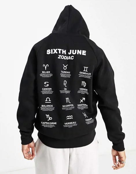 Черный oversized-худи с зодиакальным принтом на спине Sixth June