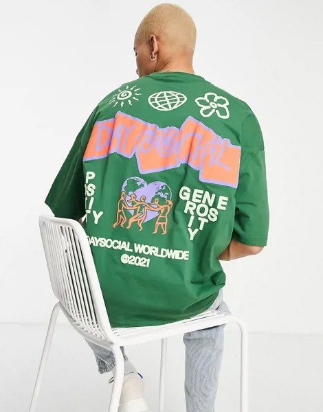 Темно-зеленая oversized-футболка с крупным графическим принтом на спине ASOS Daysocial-Зеленый цвет