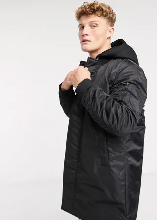 Черный бомбер удлиненного кроя с капюшоном River Island