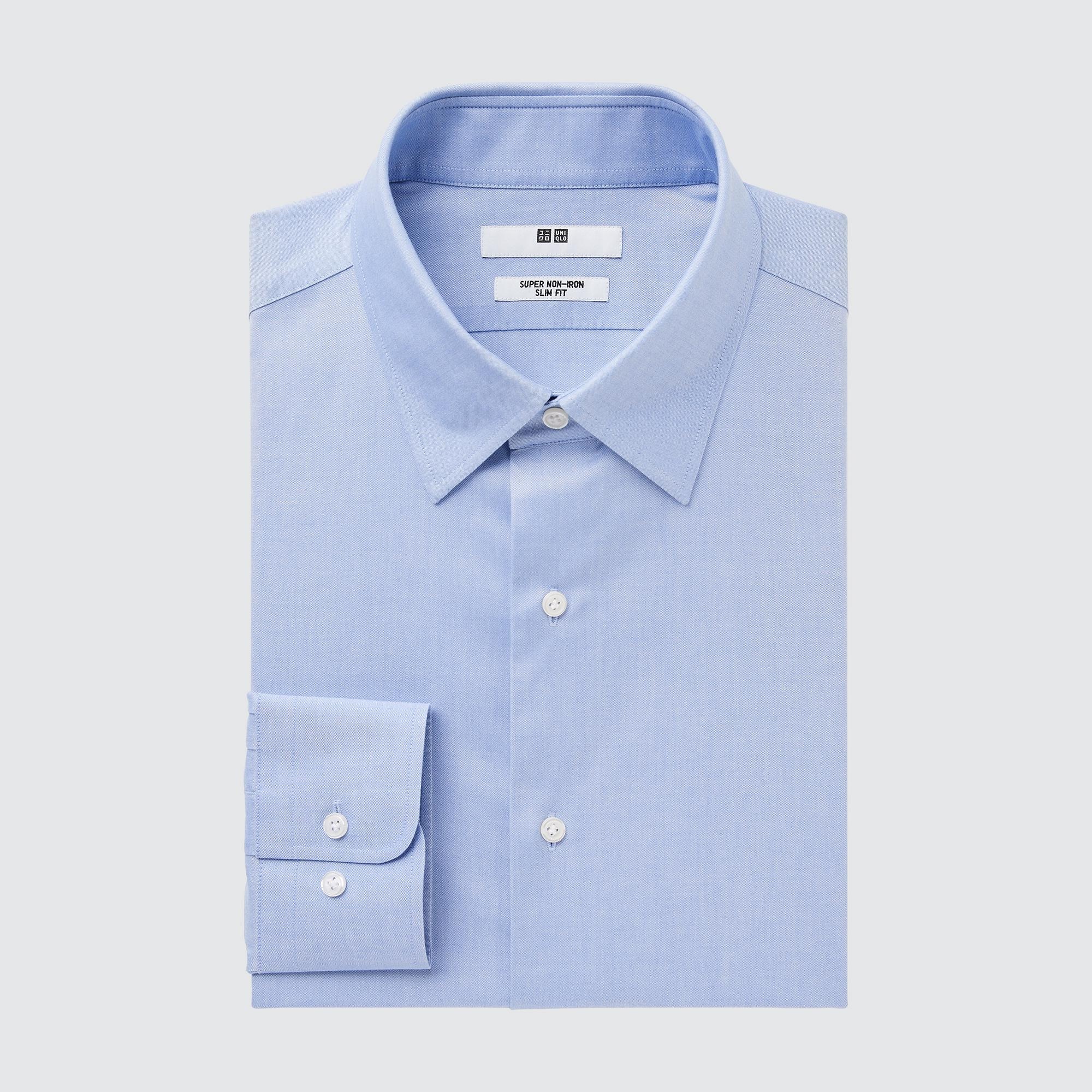 Рубашка UNIQLO Non-iron узкого кроя, светло-синий