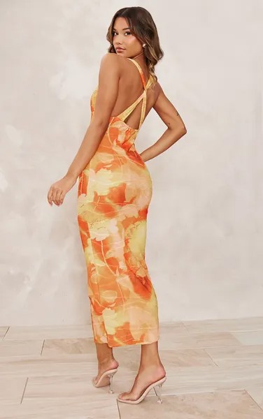 PrettyLittleThing Оранжевое текстурированное платье мидакси с глубоким вырезом и крестиком на спине с цветочным принтом