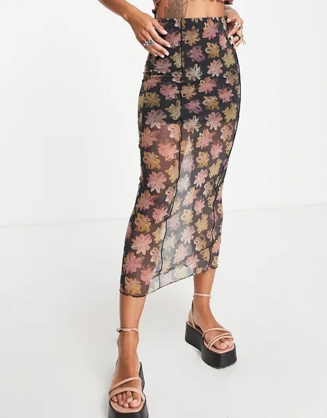 Разноцветная юбка миди с контрастным швом и цветочным принтом Topshop