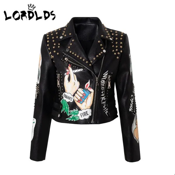 Женская кожаная байкерская куртка LORDLDS, байкерская куртка с принтом «забудьте меня», верхняя одежда в стиле панк с граффити, одежда с шипами