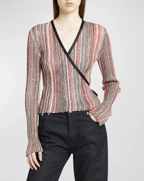 Полосатый вязаный свитер с запахом и пайетками Missoni, цвет Multi Blkrstbg